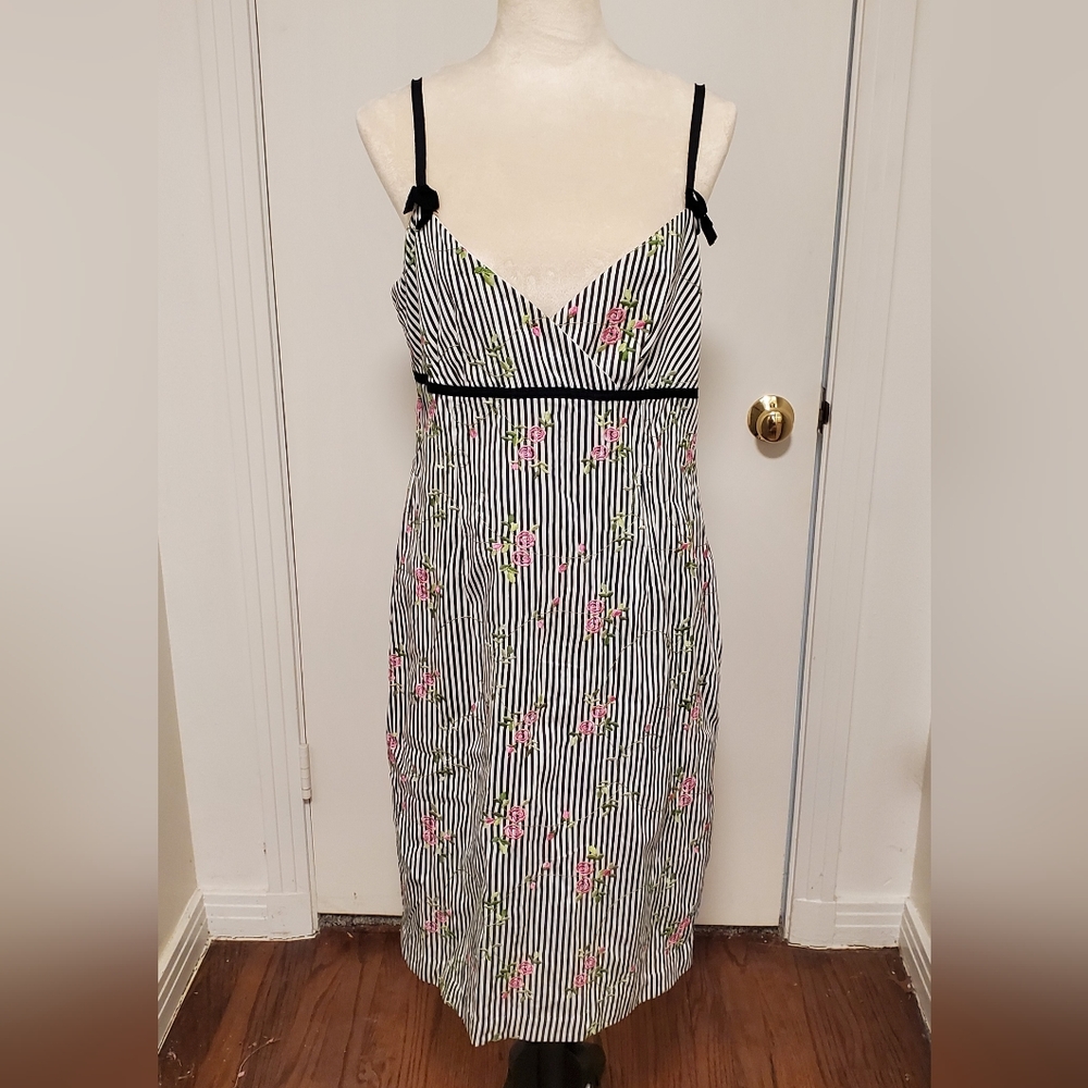 Laura Leigh Ltd. Sundress With Bows Black & White Stripes Pink Roses Sz. 14 NWOT